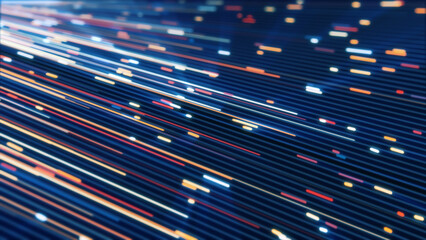 Poster - Abstract glowing fiber optic lines in blue and orange colors, creating a high-speed digital communication effect