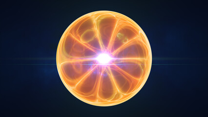 Poster - Glowing orange energy sphere with radiant plasma lines and bright core, isolated on a dark blue background