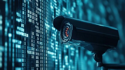Poster - Surveillance Camera Overlooking Digital Data Stream with Binary Code in Background for Security Technology Concept 4k video footage