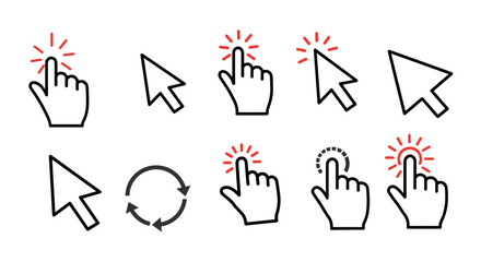 Fototapete - Interactive pointer and click icons in linear style with cursor variat