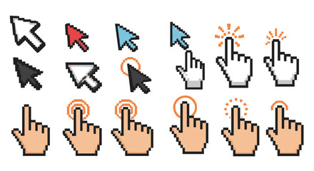 Fototapete - Pixel art mouse cursors and hand pointers with clicking animation