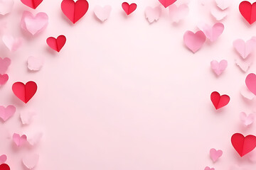 Poster - Pink and red paper hearts scattered on a light pink background for Valentine's Day or romantic celebrations with copy space