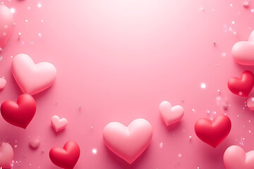 Poster - Pink background with floating heart shapes in various sizes and shades of pink and red with sparkling confetti elements