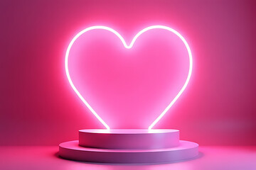 Poster - Pink neon heart outline above a round stage on a pink background with a gradient effect for Valentine's Day