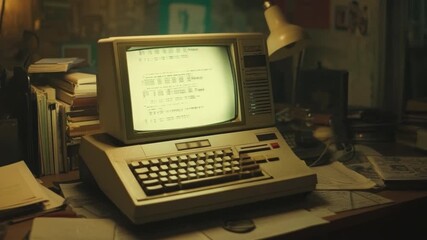 Poster - Vintage computer setup with retro monitor, keyboard, papers, and desk lamp in dimly lit room creating nostalgic atmosphere 4k video footage