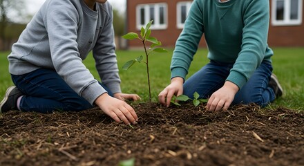 Fototapete - Two children planting a sapling in a garden, ai generated