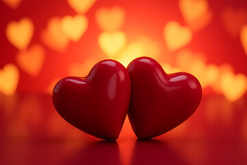 Poster - Two glossy red hearts touching against a blurred background of heart-shaped bokeh lights in warm orange and red tones