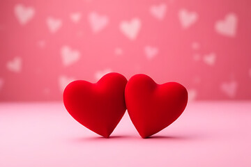 Poster - Two Red Hearts on Pink Surface with Blurred White Heart Shapes in Background for Valentine's Day Concept