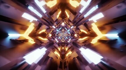 Aufkleber - Abstract geometric tunnel with symmetrical patterns, illuminated by bright orange and blue lights, creating a futuristic and immersive perspective.
