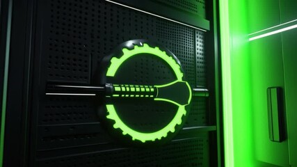 Poster - Futuristic Green Gear Design on a Dark Metallic Wall with High-Tech Elements and Ambient Light Effects 4k video footage