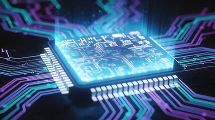 Poster - A glowing blue microprocessor chip with intricate circuit patterns and radiating light, set against a background of colorful, interconnected lines.
