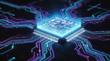 Poster - Close-up of a glowing blue computer chip with intricate circuit pathways emanating outwards on a dark background.