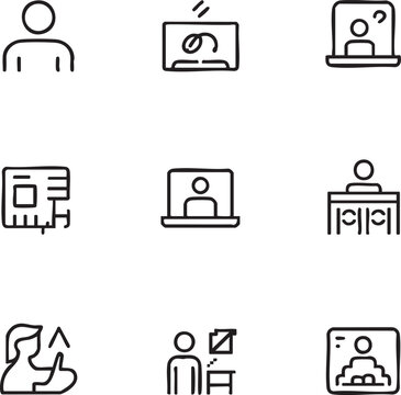 Online meeting and communication vector icon set hand drawn style,simple line online meeting,conference call,online class,tutorial,webinar,video call,remote work,presentation,social media