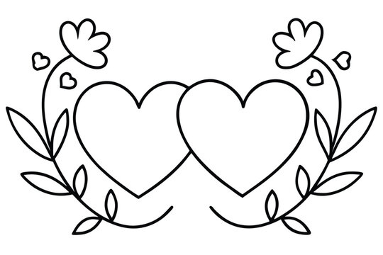 line art illustration of two hearts surrounded by flowers and leaves line art vector illustration