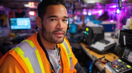 Poster - Skilled technician working in a control room at a high-tech facility with vibrant lighting and advanced equipment