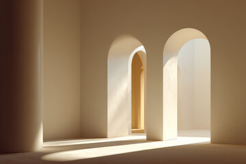 Aufkleber - Minimalist arch interior with curved shadows, soft natural light, and warm beige tones creates calm, serene atmosphere in modern architectural space