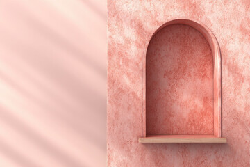 Aufkleber - Sun washed pink plaster wall with tiny arch shelf, soft natural light, minimalistic and modern interior design, textured surface, calm and serene atmosphere, empty display space