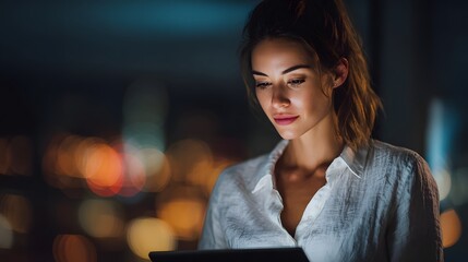 Poster - Businesswoman reviewing investment portfolio on digital tablet
