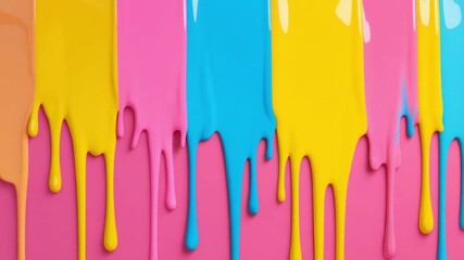 Poster - Colorful paint drips on pink background creating an artistic and vibrant abstract pattern for creative projects and designs 4k video footage