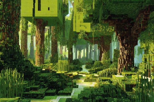 Pixelated Forest Blocky trees, green, nature background. For games, arts, concepts