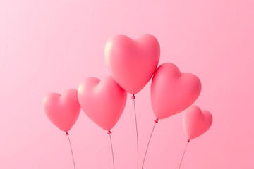 Poster - Five pink heart-shaped balloons floating against a solid pink background with thin strings and a soft, diffused lighting effect