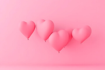 Poster - Four pink heart-shaped balloons floating against a solid pink background with subtle shadows and a minimalist aesthetic