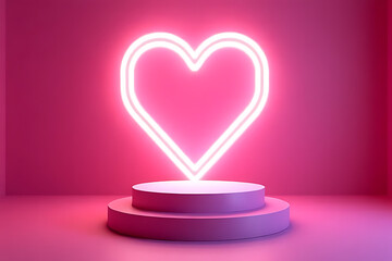 Poster - Illuminated neon heart shape above a two-tiered podium in a pink studio setting with soft lighting and shadows