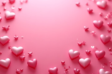 Poster - Pink hearts of various sizes scattered on a pink background with glitter creating a romantic and loving atmosphere