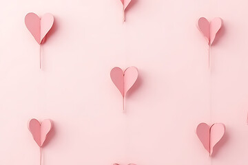 Poster - Pink paper hearts arranged on a light pink background with a minimalist aesthetic for Valentine's Day or love concepts