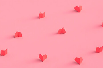 Poster - Pink paper hearts scattered on a pink surface with shadows creating a romantic and playful Valentine's Day background