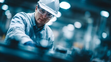 Poster - Engineer inspecting assembly line hinery in a factory setting