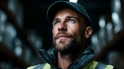 Poster - A logistics worker scanning cargo in a warehouse  long title A focused thoughtful logistics worker scanning cargo in a dimly lit industrial warehouse