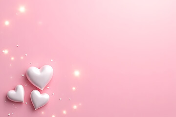 Poster - Three white heart shapes with soft highlights and scattered confetti on a pastel pink background with glowing bokeh effects