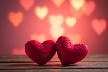 Poster - Two plush red heart shapes on a wooden surface with blurred heart-shaped bokeh background in warm tones