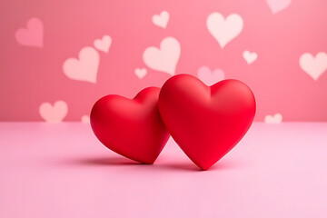 Poster - Two red 3 D hearts on a pink surface with scattered white heart shapes on a pink background for Valentine's Day