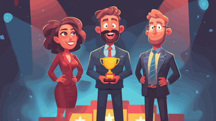 Poster - Work team winners. Employees victory corporate competition, best entrepreneur contest win, success businessman winner with trophy cup award office team cartoon vector illustration