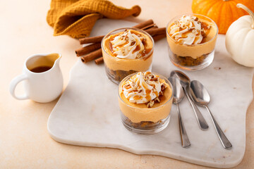 Wall Mural - Pumpkin cheesecake in a glass, fall dessert idea, no bake Thanksgiving dessert
