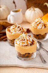 Wall Mural - Pumpkin cheesecake in a glass, fall dessert idea, no bake Thanksgiving dessert
