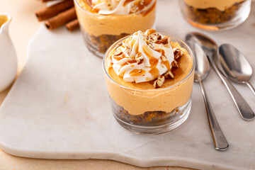 Wall Mural - Pumpkin cheesecake in a glass, fall dessert idea, no bake Thanksgiving dessert