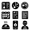 © Galina - Dietary Planning Icons. Solid style icons of dietary planning: food diary, macro breakdown, portion plate, weekly meal planner,
