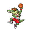 © Onerreno - Dynamic cartoon alligator basketball player mascot jumping, cool character with goggles.