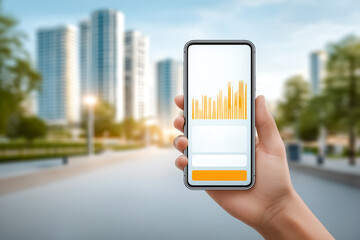 Poster - Hand holding smartphone showing vibrant analytics data on screen. Urban landscape with modern buildings as backdrop, conveying innovation and technology use