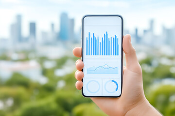 Poster - Hand in focus holding smartphone with data visualization including blue graphs and metrics. Background features blurred city skyline and greenery. Concept of technology, data analytics, communication
