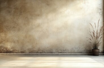 Poster - Minimalist interior with a textured beige wall, wooden floor, and a single potted plant adding natural decor to the empty space.