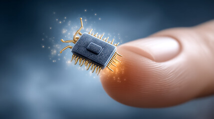 Poster - Microchip rests on fingertip demonstrating intricate design and advanced technology. Soft focus background adds depth, highlighting innovation in electronics