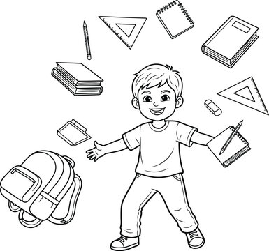 Vector art of a boy juggling school supplies is excited about learning on a white background