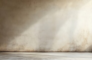 Poster - A textured, beige wall illuminated by natural light with a plain concrete floor, creating a minimalist and rustic interior space.