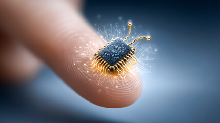 Poster - Finger makes contact with microchip glowing with energy, symbolizing advanced technology and digital innovation. Clean, modern backdrop enhances focus