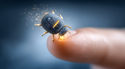 Poster - Innovative robotic insect stands on fingertip, glimmering with electronic details. Close-up setting emphasizes intricate design and concept of technology