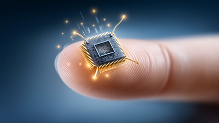 Poster - Microchip hovers above fingertip, illuminating with sparks of energy. Background features a gradient blue, highlighting technological advancement. Concept of electronics, computing, innovation